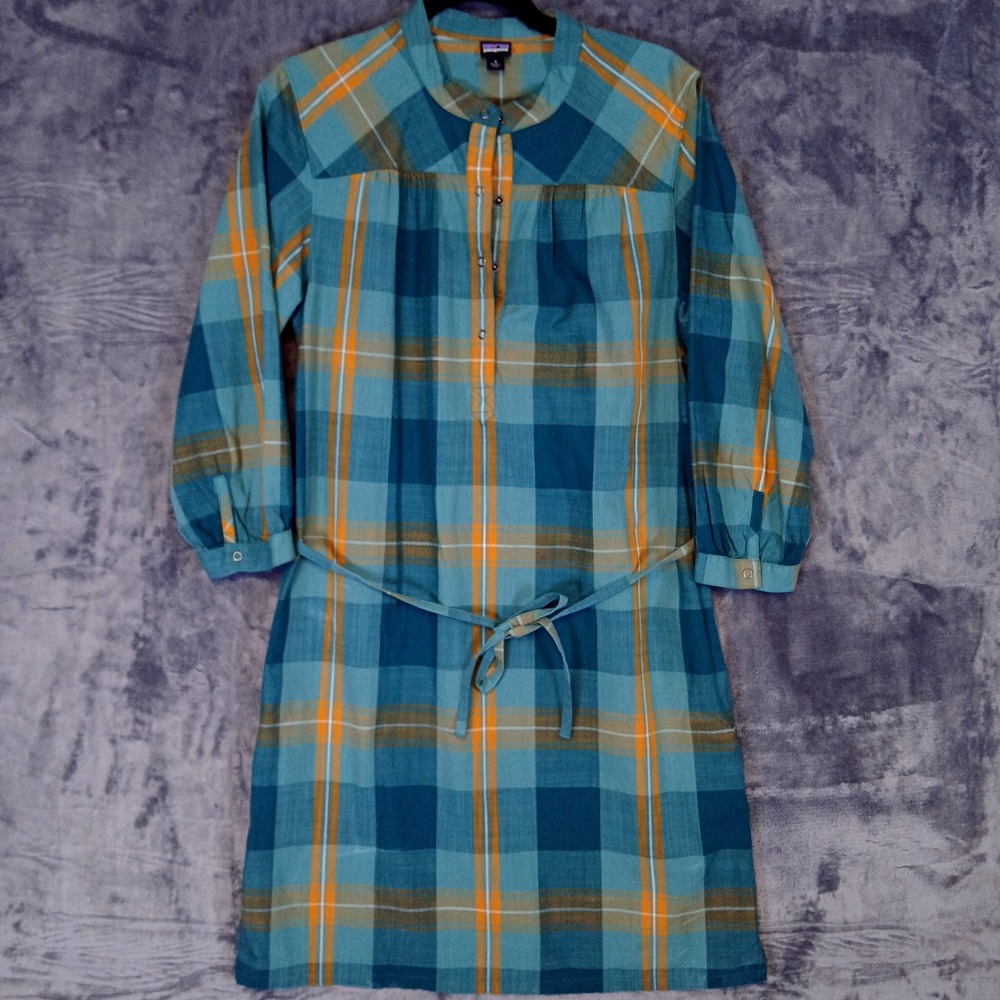 Patagonia Plaid Dress Womens 4 Teal Orange Organic Cotton Gorpcore Outdoorsy